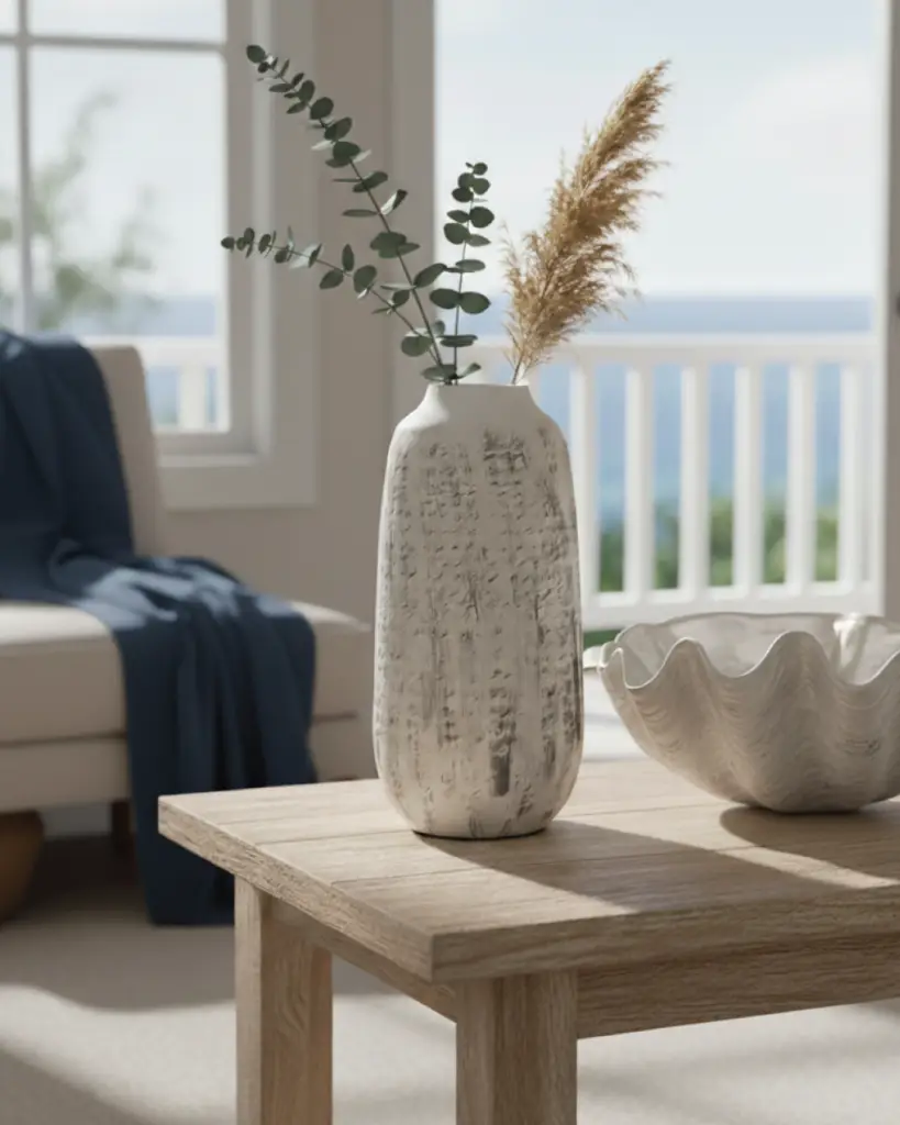 Ceramic vase with plants on wooden table.