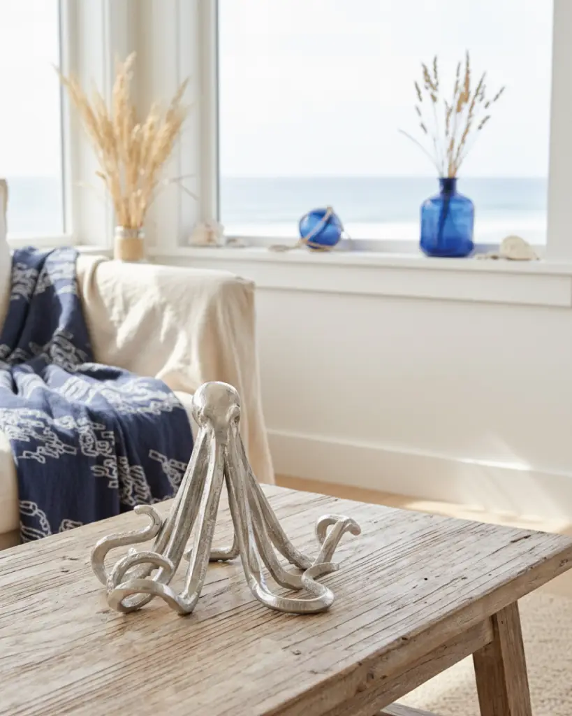 Coastal decor with octopus sculpture and beach view.