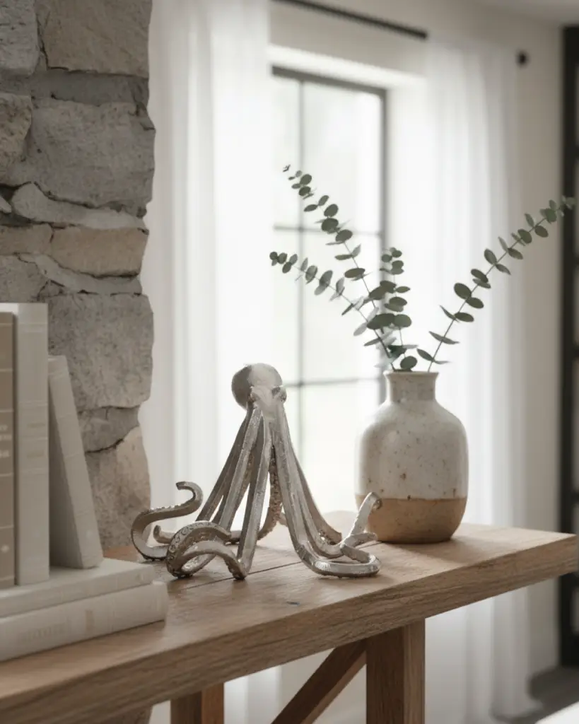 Octopus sculpture beside vase on wooden shelf.