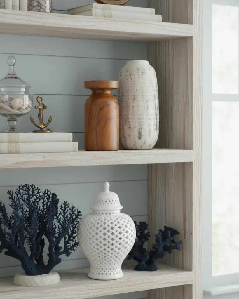 Decorative vases and books on wooden shelves.