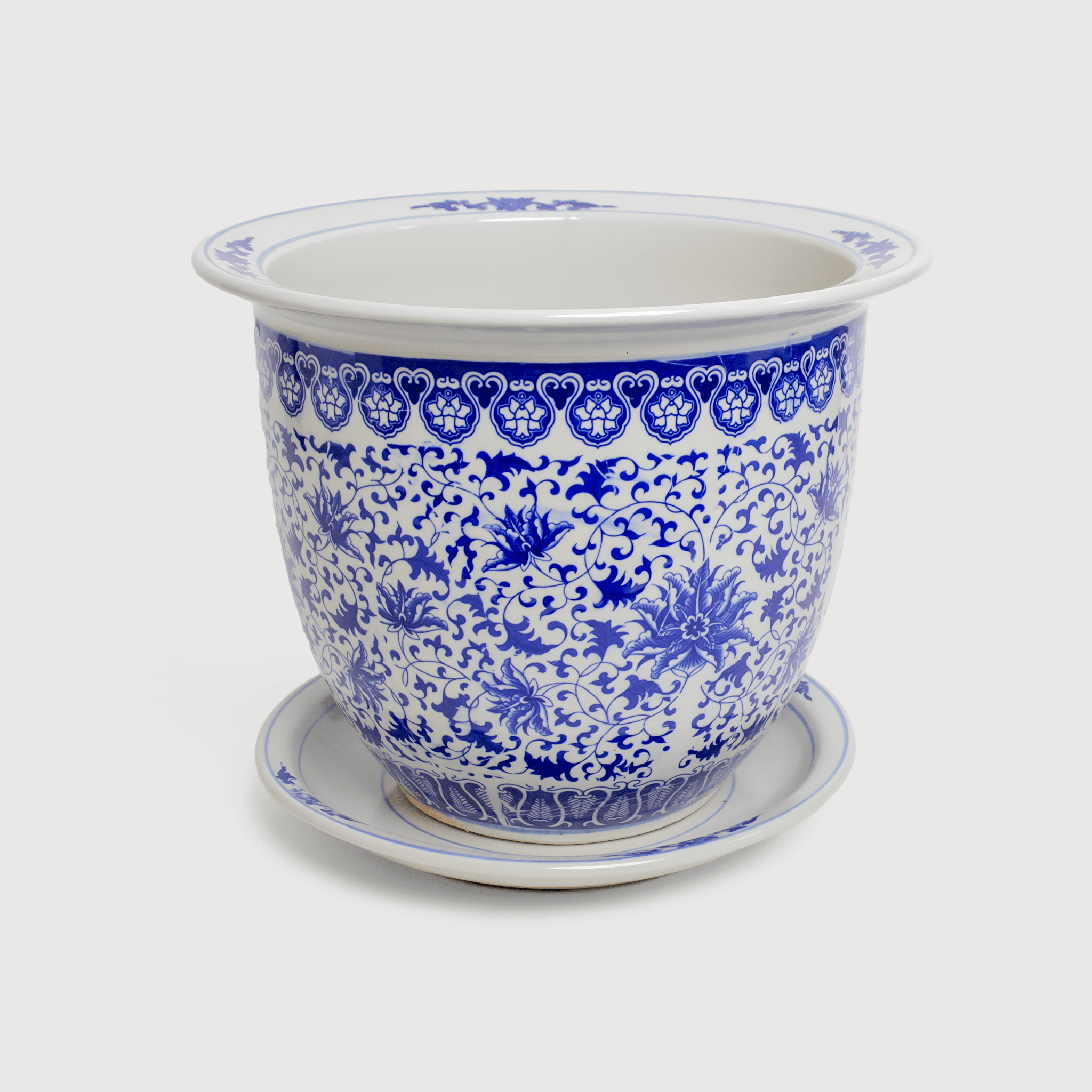 Blue and white ceramic planter with base 39cm - coastal home decor Australia