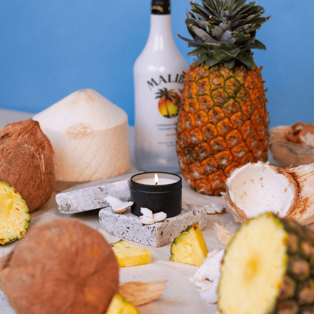 Pina Colada travel candle burning - tropical coconut scented soy candle - Coastal Decor Company